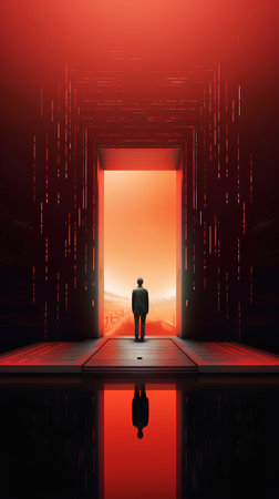 Businessman standing in front of a door. 3D rendering.の素材