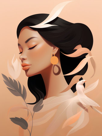 Vector illustration of a beautiful woman with a bird in her hair.の素材