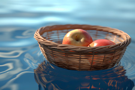 Apples in a basket on the water surface. 3d illustrationの素材