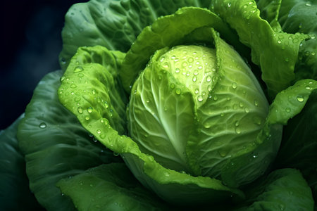 Fresh green cabbage with dew drops. Close up. Selective focus.の素材