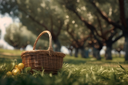 Wicker basket with yellow lemons on the green grass in the parkの素材