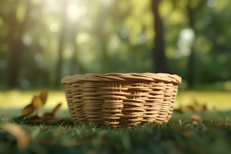 Wicker basket on green grass in the park with bokeh backgroundの素材
