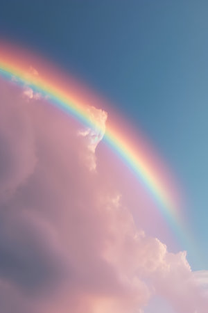Rainbow in the blue sky with clouds and rainbow. 3d illustrationの素材