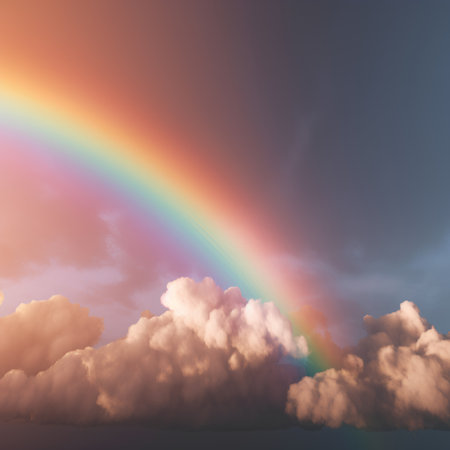 Rainbow in the sky with clouds. 3d render illustration.の素材