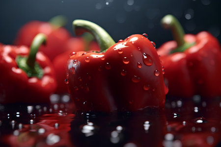 Red bell peppers with drops of water on a dark background. Shallow depth of field.の素材