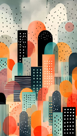 Abstract urban seamless pattern in watercolor style. Cityscape with buildings and geometric elements.の素材