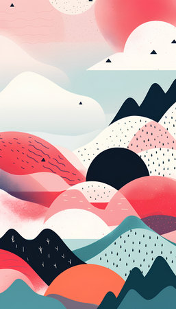 Abstract landscape with mountains, hills and clouds. Hand drawn vector illustration.の素材