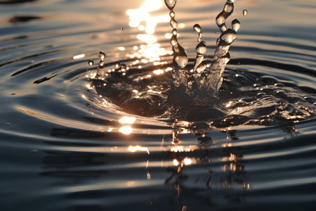 Falling drops of water. Splash effect after collision a falling drops with water Surfaceの素材