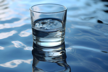 glass of water with reflection on blue water surface - 3d illustrationの素材