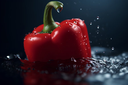 Red bell pepper with drops of water on a dark blue background.の素材