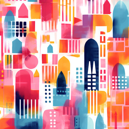 Seamless pattern with colorful buildings. Hand-drawn illustration.の素材