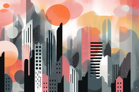 Modern cityscape with skyscrapers and colorful circles. Vector illustration.の素材