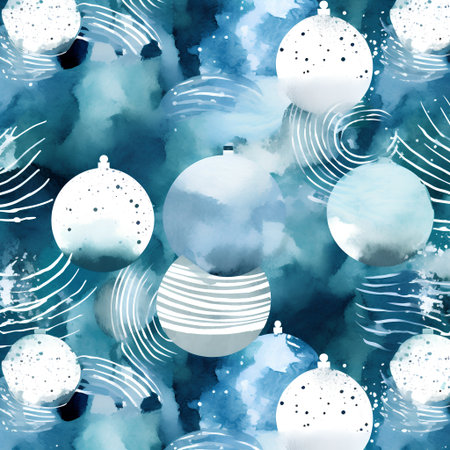 Watercolor Christmas seamless pattern with balls and snowflakes on blue watercolor backgroundの素材