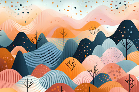 Colorful seamless pattern with mountains and trees. Hand drawn vector illustration.の素材