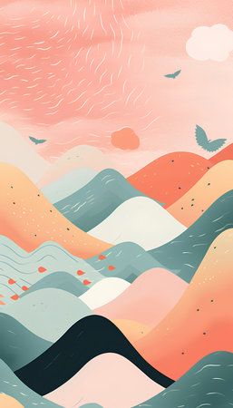 Abstract vector background with sea waves and seagulls in pastel colorsの素材