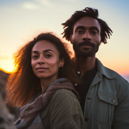 Young multiethnic couple looking at camera while standing outdoors at sunsetの素材