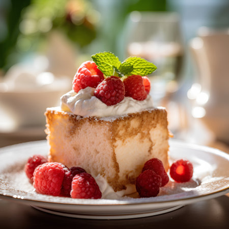 Cake with raspberries and whipped cream on a white plateの素材