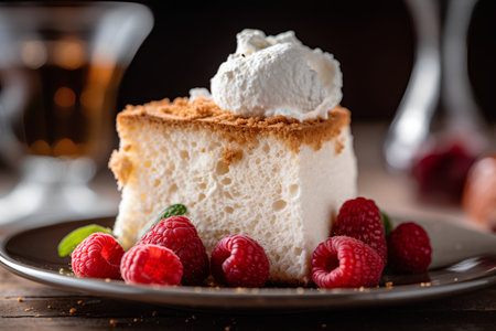 Cheesecake with raspberries and whipped cream on a dark backgroundの素材