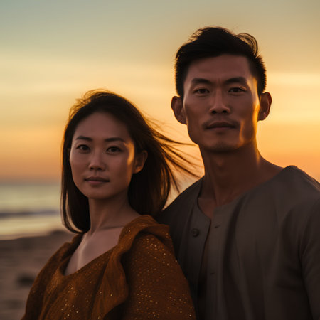 Young asian couple standing on the beach at sunset time. Asian peopleの素材