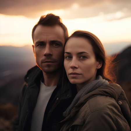 Portrait of a young couple on the background of the mountains.の素材