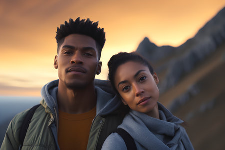 Portrait of a mixed race couple looking at camera while standing outdoors at sunsetの素材
