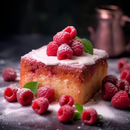 Raspberry cake with icing sugar and fresh raspberries, selective focusの素材
