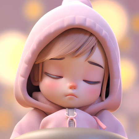 A 3D rendering of a cute cartoon girl in a pink hoodie.の素材