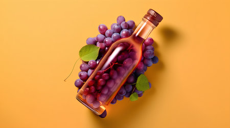 Bottle of red wine and grapes on yellow background, top viewの素材