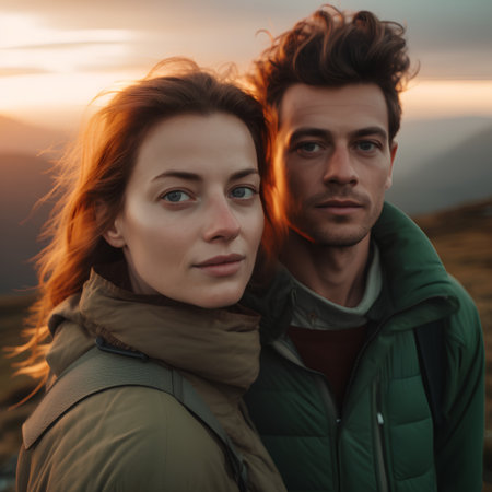 Portrait of a young couple on the top of a mountain at sunsetの素材