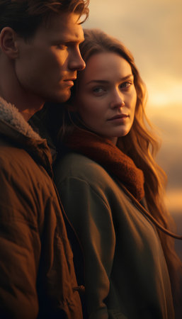 Portrait of a beautiful young couple embracing on the background of the sunsetの素材