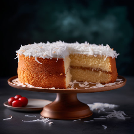 Coconut cake with coconut flakes on a dark background. Selective focus.の素材