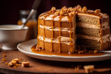 Homemade cake with caramel sauce and nuts on a wooden background. Selective focus.の素材