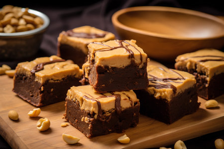 Homemade salted caramel brownies with nuts on wooden board.の素材