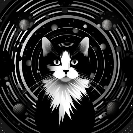 Black and white cat in the space with stars. Vector illustration.の素材