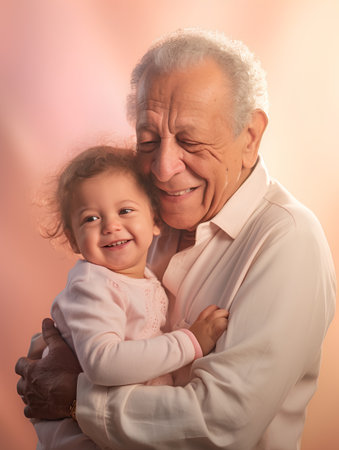 Portrait of a happy grandfather with his grandchild on a pink backgroundの素材