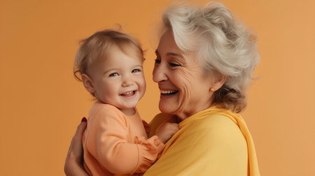 Portrait of happy grandmother and granddaughter posing together over orange background.の素材