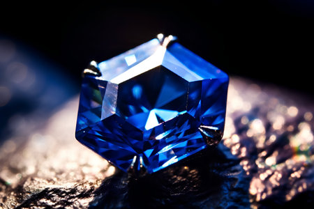Blue sapphire on a black background. Macro photo with shallow depth of fieldの素材