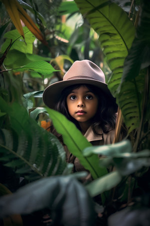 Beautiful african american girl wearing hat and coat in jungleの素材