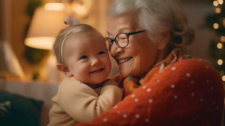 Portrait of a happy grandmother with her grandchild at home.の素材