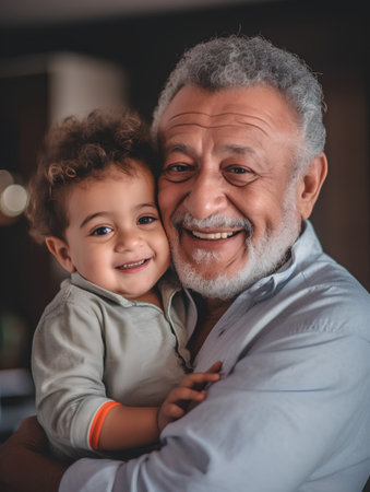 Portrait of a smiling grandfather with his grandson. Grandfather and grandson together.の素材