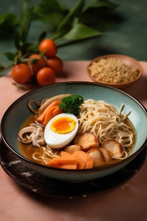 Japanese ramen noodle soup with egg, carrot and mushrooms in bowlの素材
