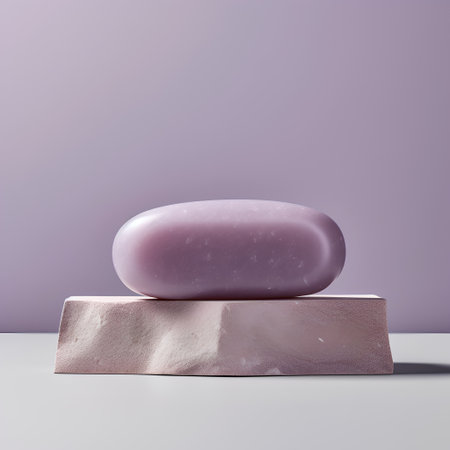 3d render of lavender soap bar on a concrete pedestal.の素材