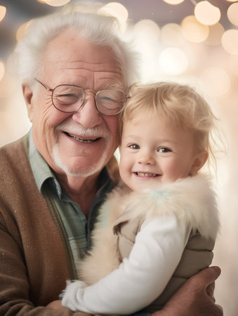 happy grandfather with grandchild over christmas lights bokeh backgroundの素材