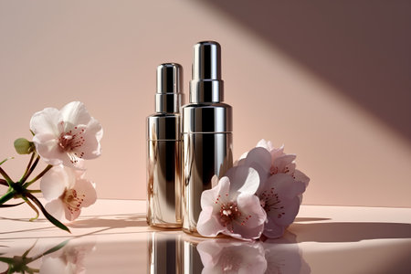 cosmetic products with flowers on a light background, 3d renderの素材