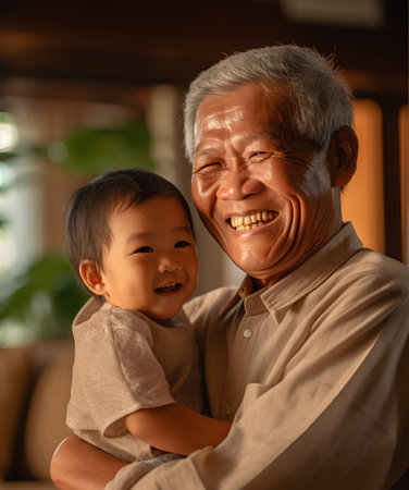 Portrait of asian grandfather and his grandson smiling at home.の素材