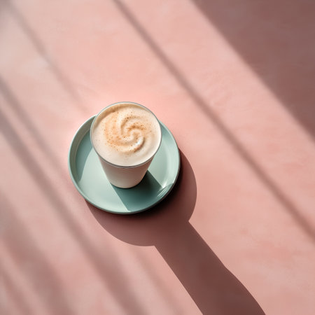 Cappuccino in a blue cup on a pink background.の素材
