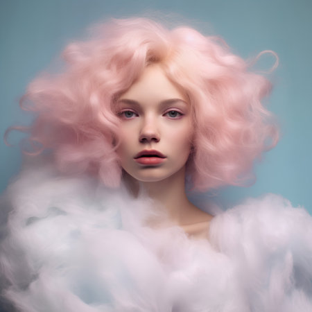 Portrait of a beautiful girl with pink curly hair. Beauty, fashion.の素材