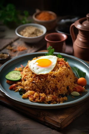 Pilaf with fried egg, vegetables and herbs on a plateの素材