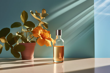 Bottle of perfume with hibiscus flowers. 3d renderの素材