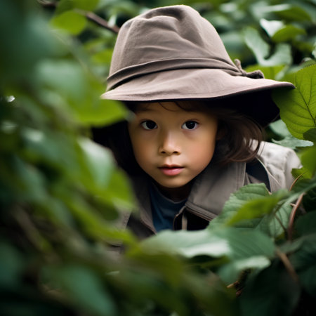 Portrait of a little boy in a hat hidden in a bushの素材